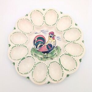 Vintage Italian Hand Painted Rooster Deviled Egg Plate Ceramic Platter 9.5 Inch